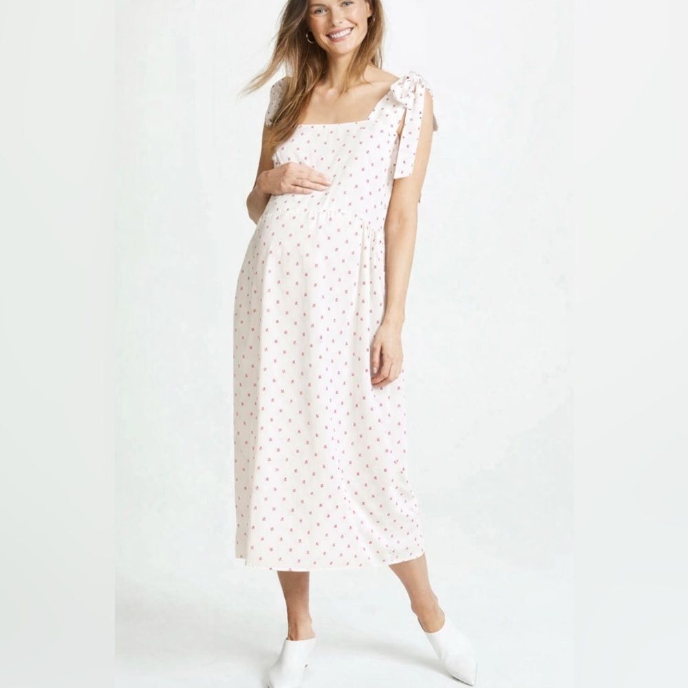 Hatch Maternity Kate Bow Tie Shoulder Square Neck White Print Midi Dress Size XS